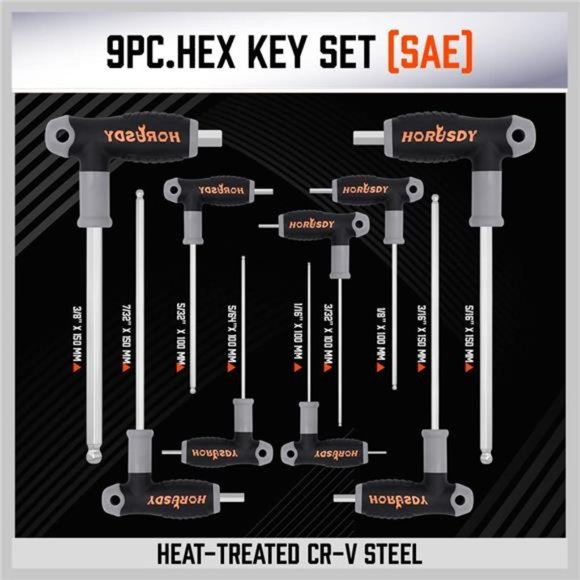 18-Piece T-Handle allen wrench set, Inch/Metric Long Arm Ball End Hex Key Wrench - Picture 4 of 7